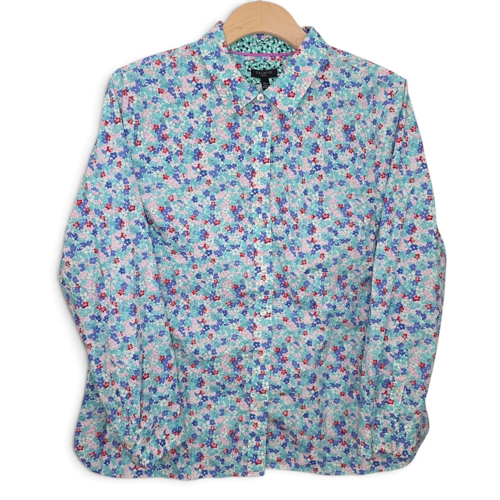 Talbots Shirt Petite XLP Floral Button Down Long Sleeve Turquoise Blue Pink XL